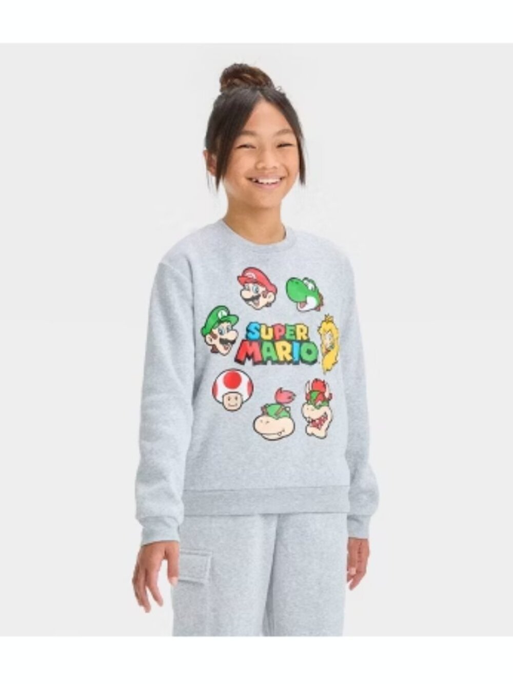 Girls' Super Mario Crew Neck Pullover Sweatshirt - Heather Gray M New NWT